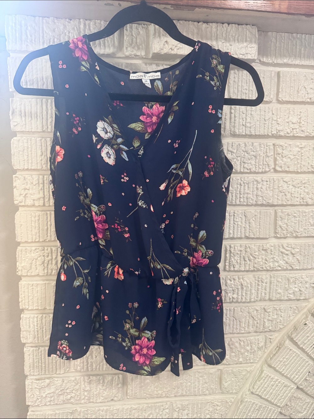 Flattering Moa Moa Navy Blue Floral Wrap Tank with Pink & White Floral Design